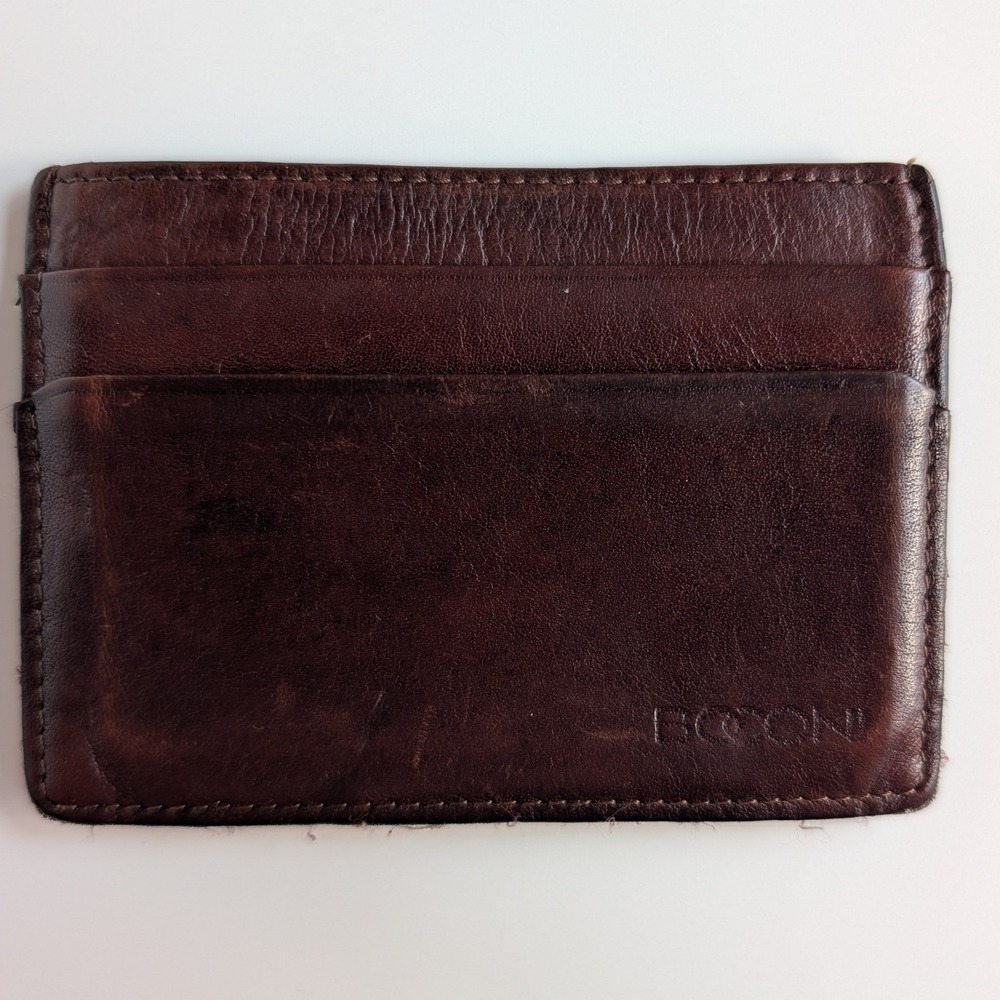 Boconi Mens Leather Card Case Wallet Brown Slim ID Window Front Pocket